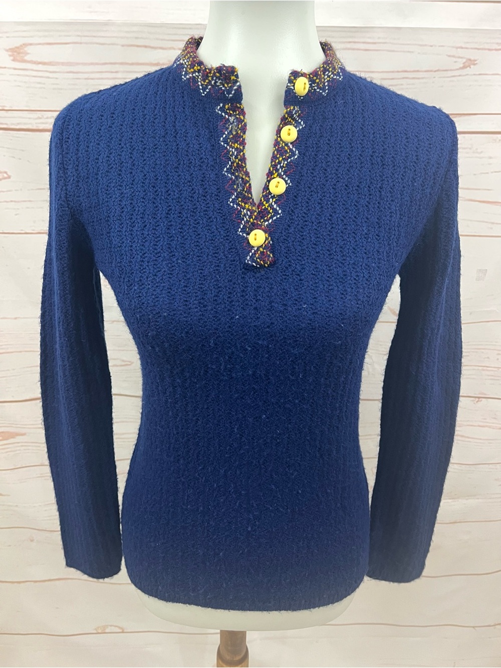 Vintage 70s Retro Russ Girl Embroidered Zig Zag Wool Henley Sweater